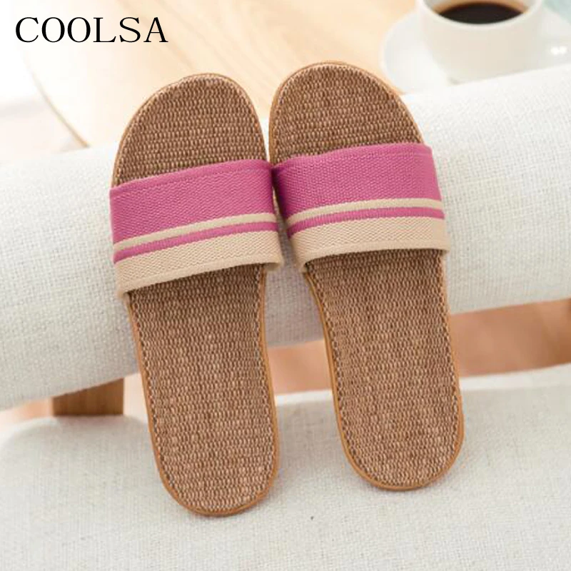 

COOLSA Women's Summer Home Linen Slippers EVA Soft Bottom Silence Indoor Slippers Flat Outdoor Beach Slippers Ladies Flip Flops