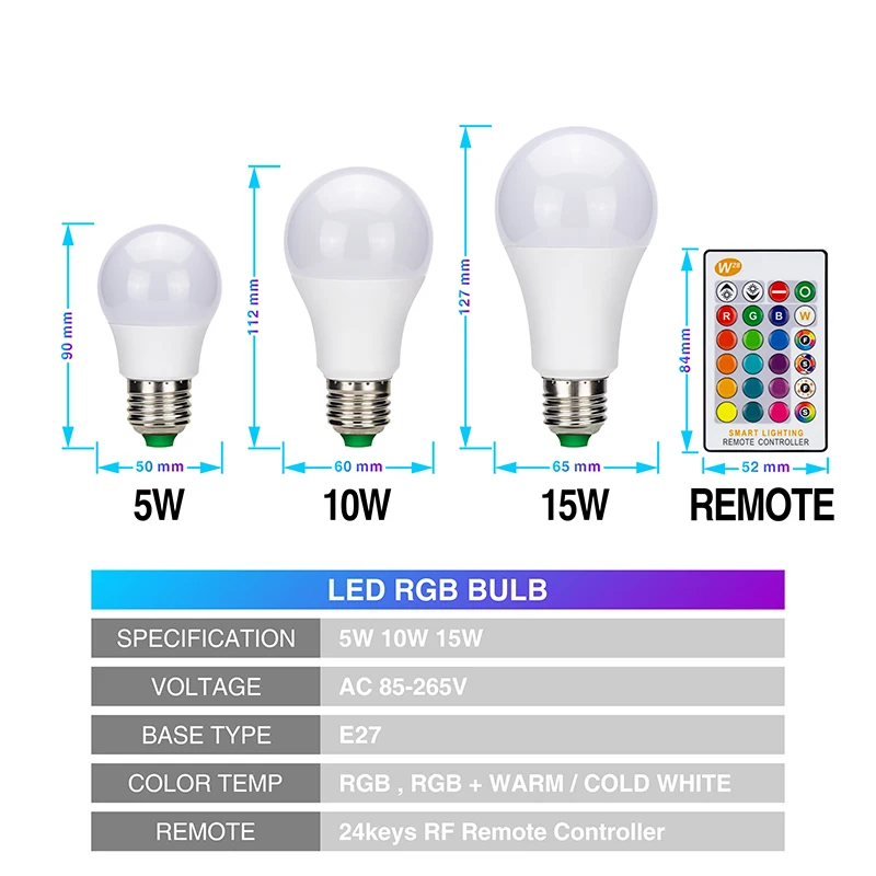 Светодиодная rgb-лампа с регулируемой яркостью E27 5 Вт 10 Вт 15 Вт AC85-265V с функцией памяти+ ИК-пульт дистанционного управления сменный 16 цветов светодиодный RGB Освещение