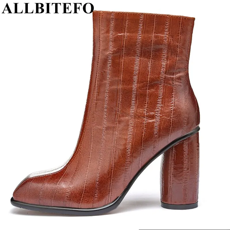 ALLBITEFO square toe full genuine leather high heel shoes women boots fashion thick heel anlle boots