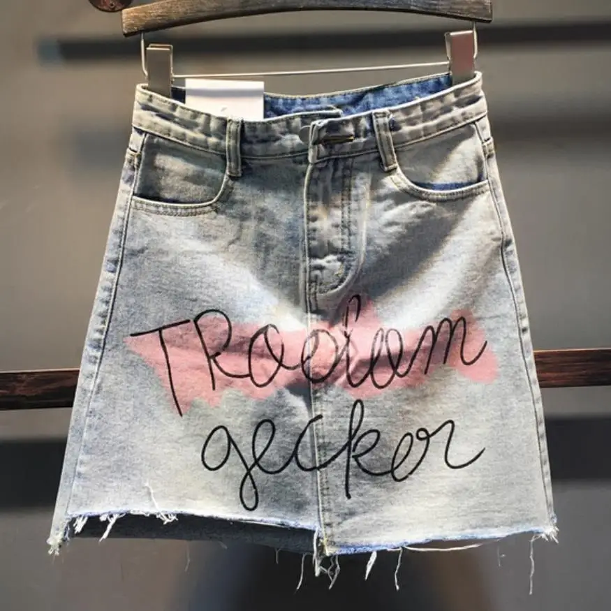 2019 летние женские Граффити Письмо Печать Асимметричная джинсовая юбка высокая талия A-Line джинсы короткая юбка