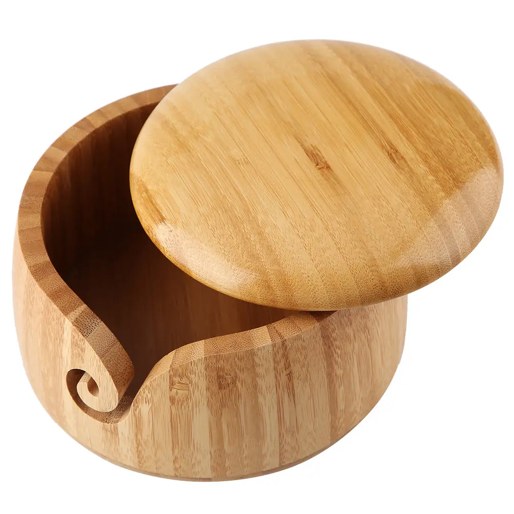 Bamboo Yarn Bowl Yarn Holder With Removable Lid For Knitting And Crocheting 15X15X9cm