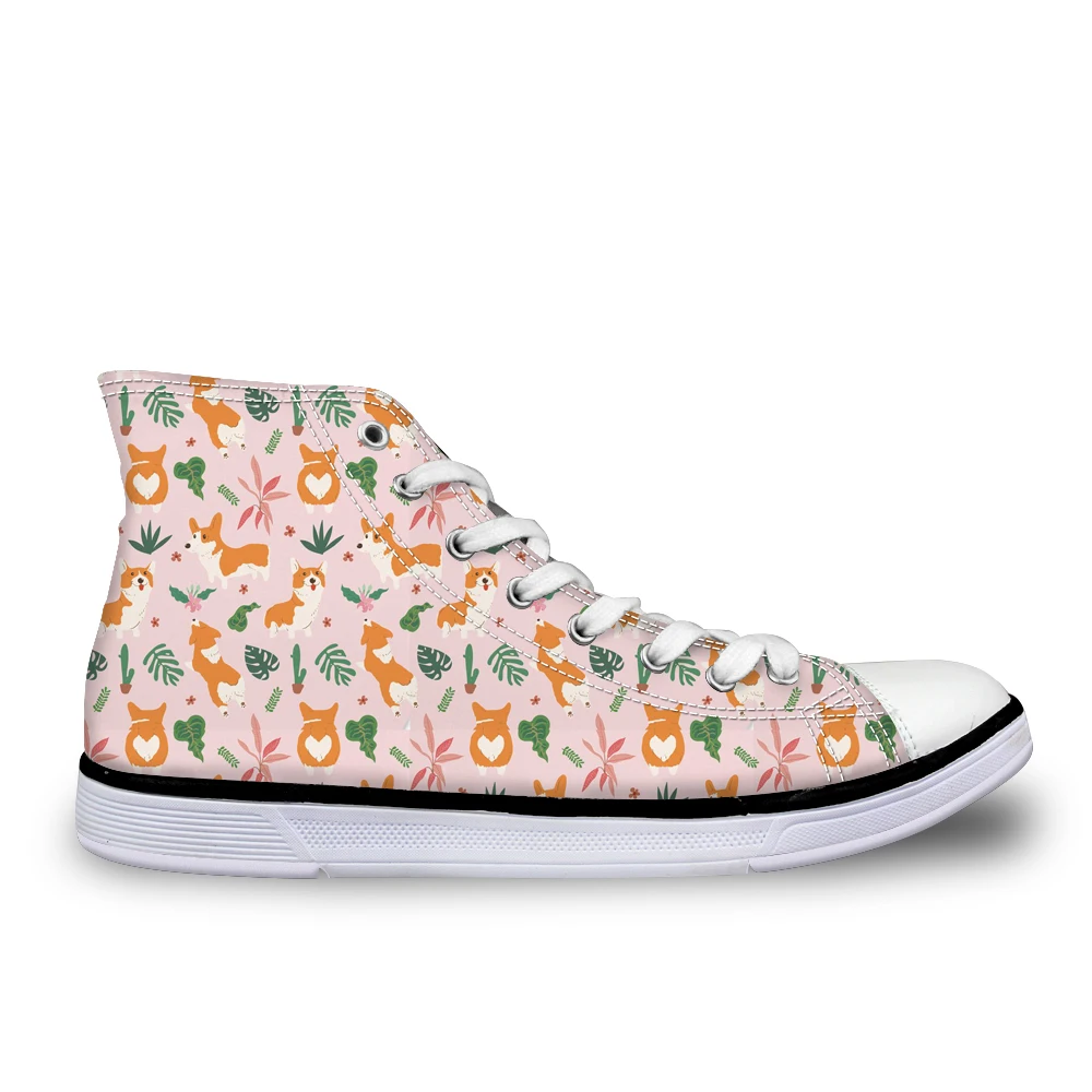 

Customized Tropical Cute Corgi Floral Style Shoes Woman High Top Casual Flat Women Canvas Shoes Comfort Vulcanize Ladies Shoes