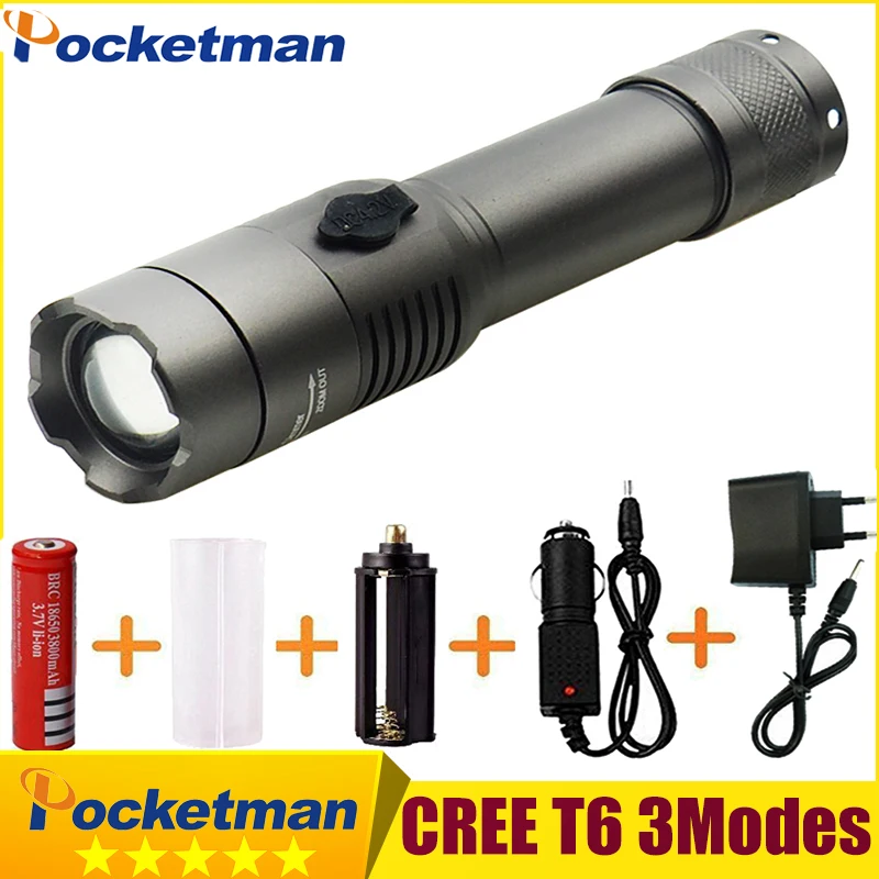 

3800 Lumens Rechagerable Tactical Flashlight T6 Torch 3Modes linternas luzes light zaklamp torcia With 18650 Battery Car Charger