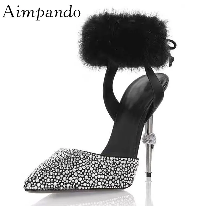 

Luxury Bling Drill Rhinestone Gladiator Sandals Women Metal Thin High Heels Pointed Toes Ankle Wrap With Fur Summer Shoes