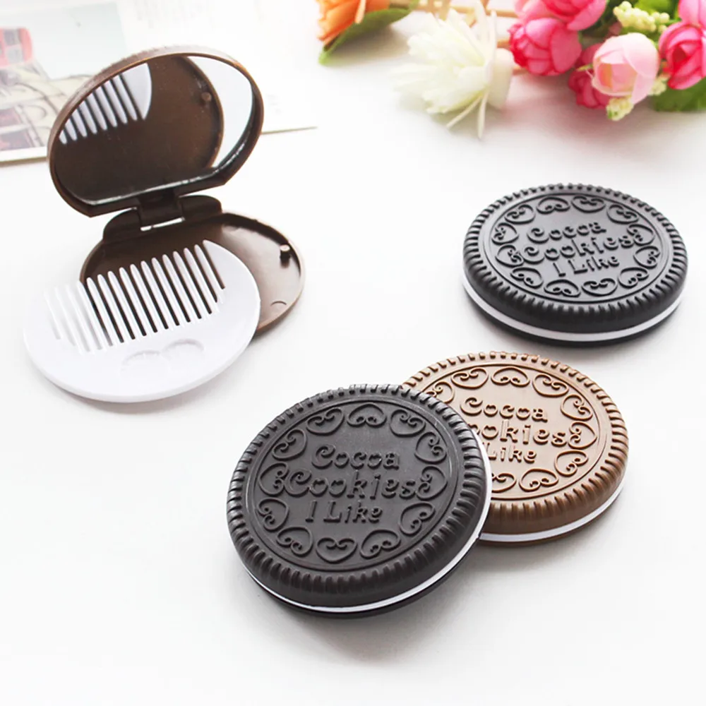 

Chocolate Biscuits Compact Mirror 1 PC Cute Style Cookie Shape Small Pocket Foldable Portable Makeup Mirror with Comb #F