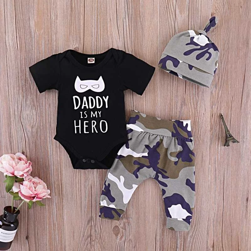 Newborn Infant Baby Boy Clothes Letter Romper Tops+Camo Pants+Hat Outfit Set Kids 3pcs Clothin |