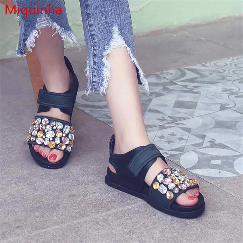 

Miquinha Open Toe Colored Crystal Embellished Hook Loop Women Sandals Korean Style Runway Casual Flats Shoes Mujer Sandalia