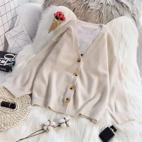 beige cardigan Neploe, корейский женский свитер, кардиган с v-образным вырезом, свободный Женский вязаный кардиган, однотонный базовый свитер, Осень-зима размера плюс, топы - Цвет: beige cardigan