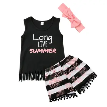 

Toddler Kid 3pcs Set Clothes Baby Girl Summer Letter Printed Tank Top Tassels T-shirt+Short Pants+Bowtie Headband Outfit 1-6T