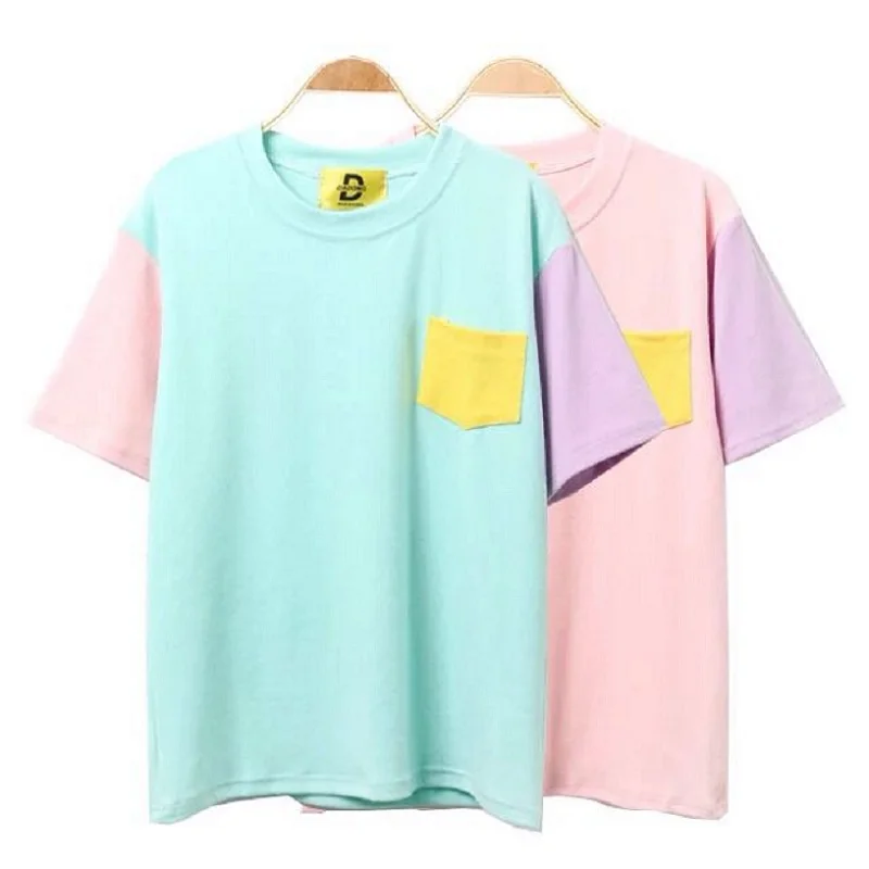 

2018 Xiao Hua home Korean version of the school candy color color patch loose pocket T shirt personality wild trend