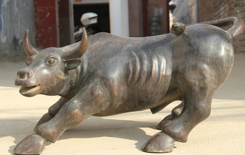 

Fast shipping USPS to USA S2496 34" Larger Old Chinese Bronze Folk strong Zodiac Year Bull Oxen sculpture Statue