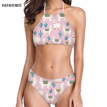 

INSTANTARTS Cute 3DAnimal Alpaca Print Woman Summer Bikini Set Halter Bathing Swimming Suits Beach Swimwear for Women Beachwear