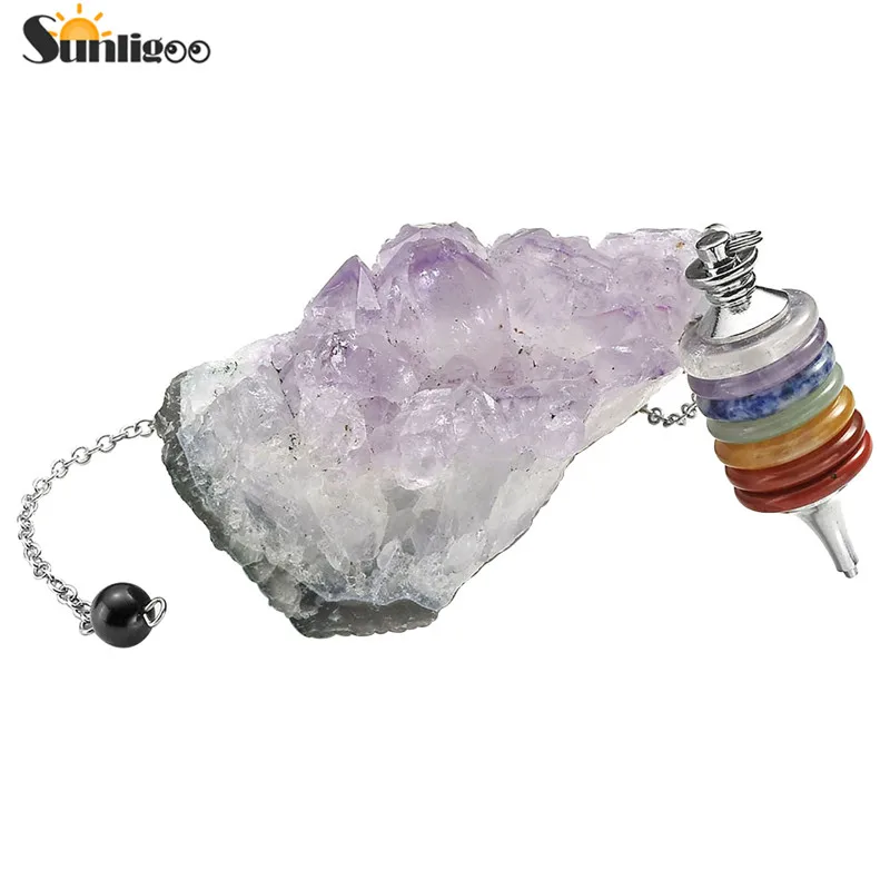 

Sunligoo Newest 7 Chakra Stacked Layered Dowsing Divination Pendulum and Irregular Amethyst Quartz Geode Cluster Meditation Set