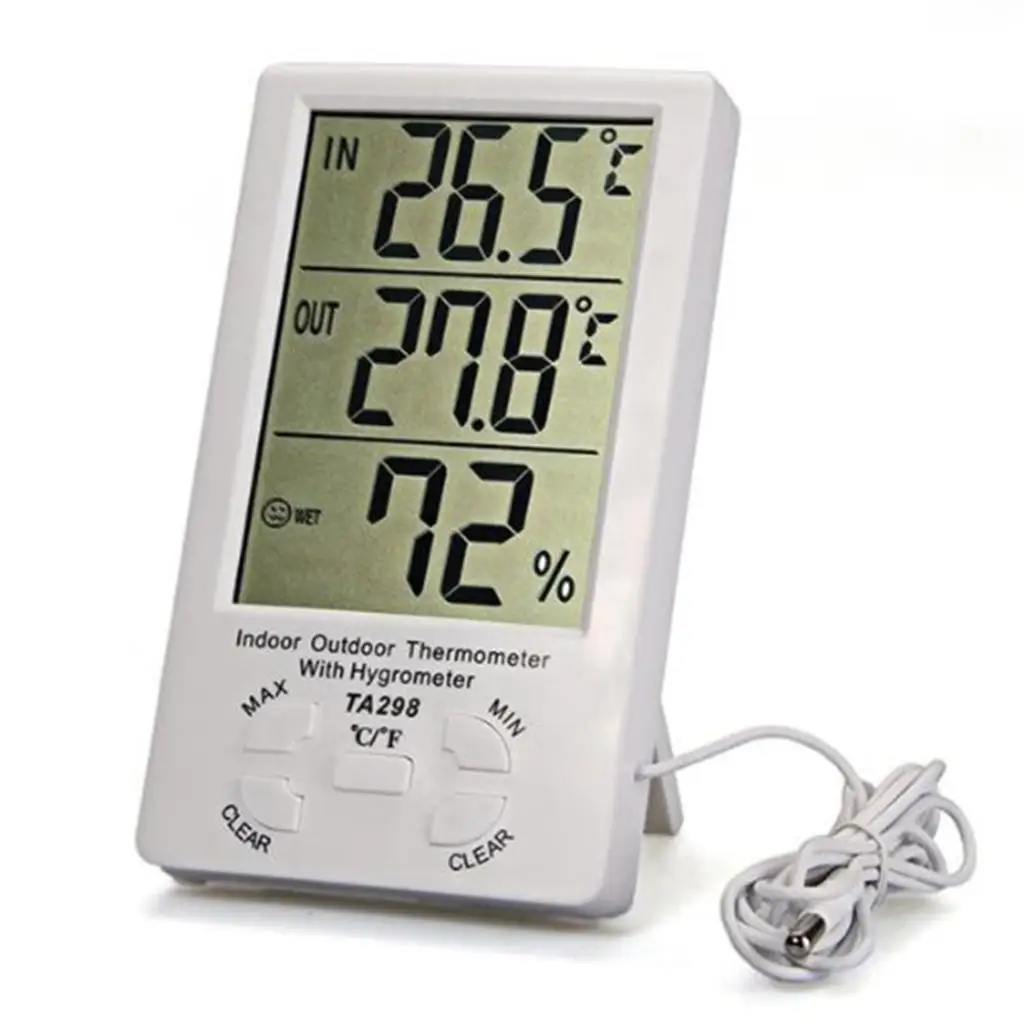 Kopen Goede 1 st Thermometer Hygrometer Timber LCD Digitale Hygrometer Vochtigheid Thermometer Temperatuur Meter Met Klok In outdoor