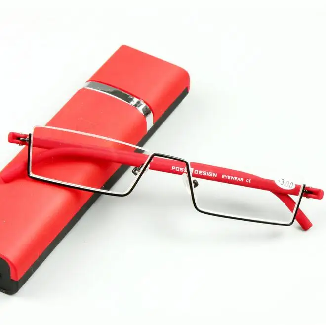 

TR-90 Half Metal Frame Brush Pot Reading Glasses Women Men Eyewear Tendy Presbypic Eyeglasses Slim Portable Black/Red