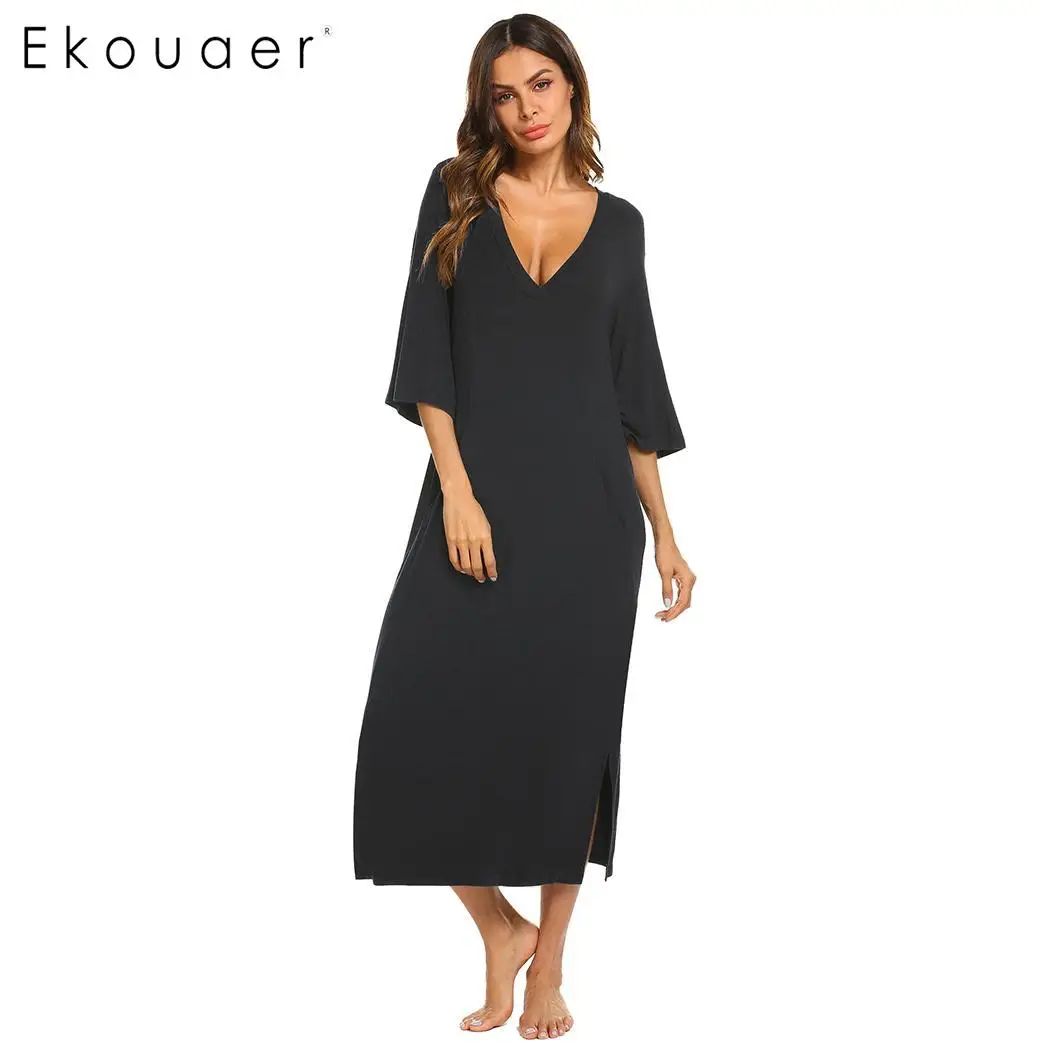 Ekouaer женское длинное платье для сна, ночная рубашка с v-образным вырезом и рукавом 3/4, одноцветная ночная рубашка с карманом, женские свободные ночные рубашки, ночная рубашка размера плюс