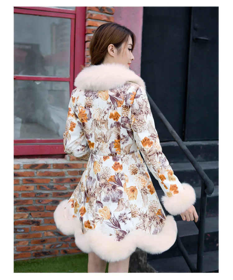 Высококачественное пальто из лисьего меха, утепленная женская зимняя куртка, меховое пальто с принтом, женская теплая меховая верхняя одежда, длинные женские пальто