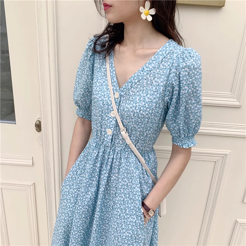 

mori girl 2019 summer Gentle fresh blue floral flowers print v-neck dress