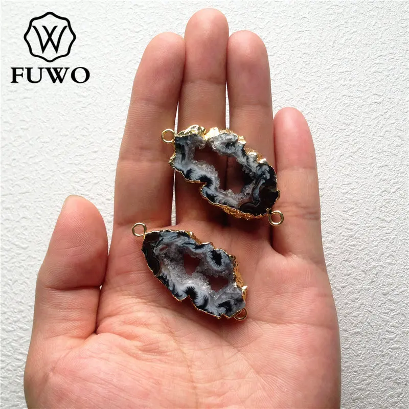FUWO фрагмент жеоды Connector 24k Gold Electroplate Edge Black Gray друзовый кварц двойные подвески