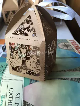 

Brown kraft paper customized laser cut wedding favor and gift boxes laser cutting small wedding cake boxes with ribbon