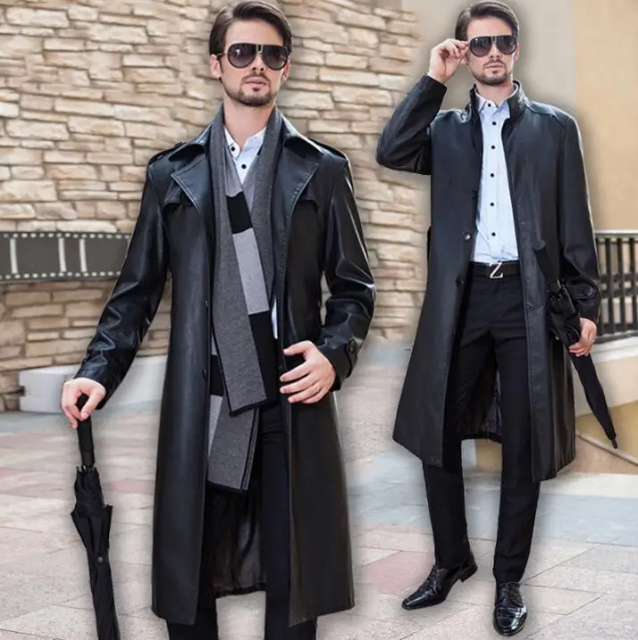 

Autumn stand collar single-breasted leather coats men slim long coat mens leather trench coats black autumn fashion M- 4XL