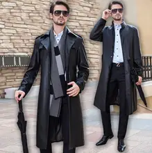 Autumn stand collar single-breasted leather coats men slim long coat mens leather trench coats black autumn fashion M- 4XL stand collar half breasted mens tee