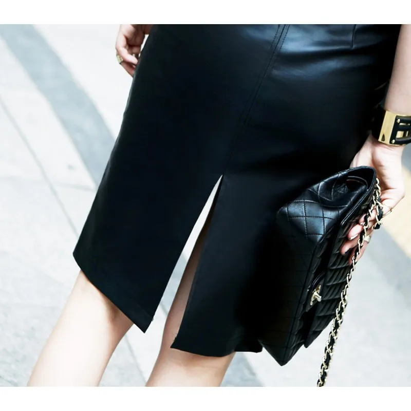 Elegant Black Bodycon Leather Split High Waisted Knee Length Pencil Skirt