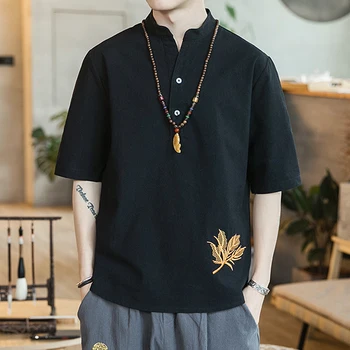 

Chinese Style Men Shirt Short Sleeve Solid Casual Streetwear Men Shirt Man Cotton Linen Shirt Clothes 2019 New
