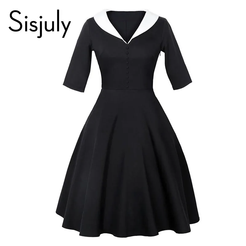Sisjuly Vintage Dress 1950s Summer A Line Black Half Sleeve Mid Calf V Neck Female Retro