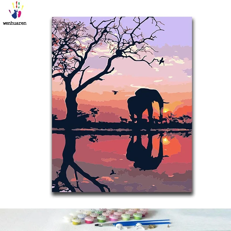 

DIY Coloring paint by numbers Elephant in the sunset paintings by numbers with kits 40x50 framed