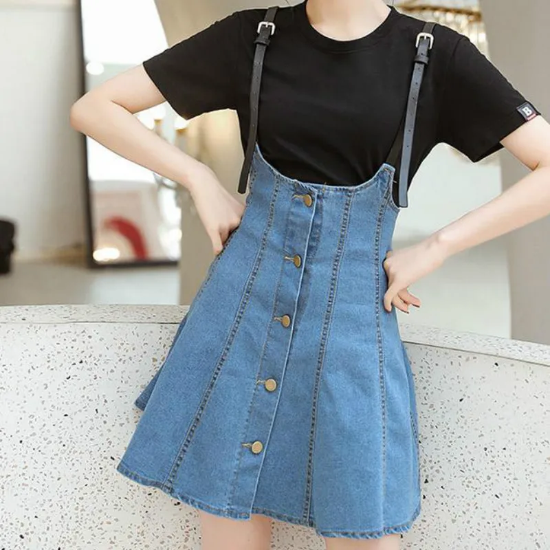 

2019 Summer Women Suspender Skirts Sweet Girls Denim Skirts Woman A-line Mini Deni Skirts