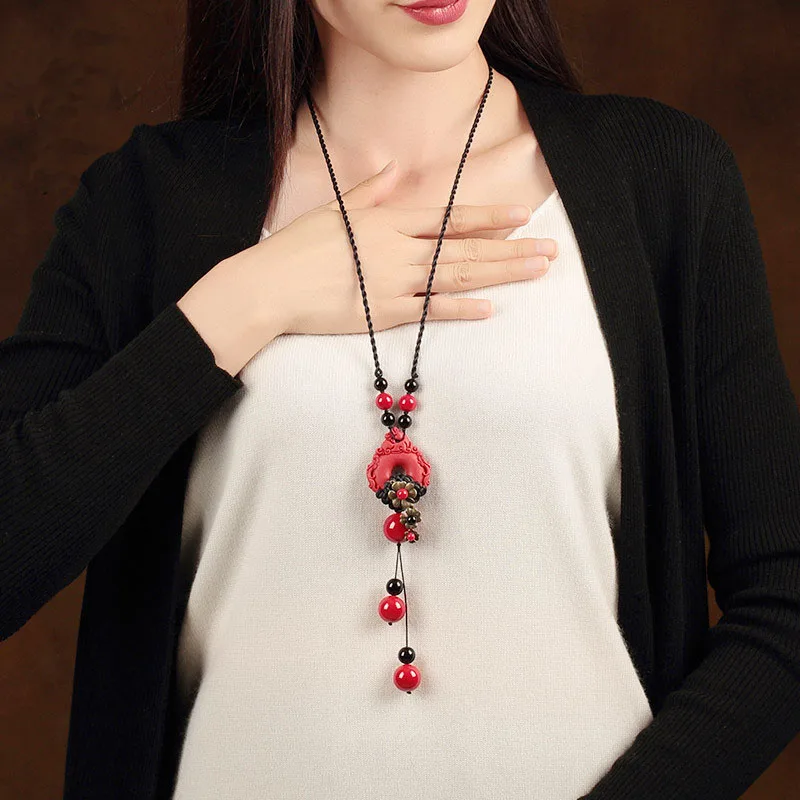 

Chinese style sweater chain long red cinnabar accessories wild autumn and winter retro pendant national wind necklace female