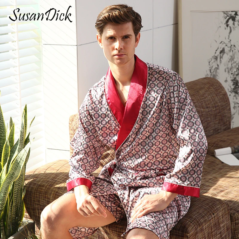 SusanDick Роскошные атласные шелковые пижамы Для мужчин кимоно модная одежда с длинными рукавами Pijama кимоно атласные шорты комплект мужские осенние пижамы