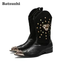 Batzuzhi ковбойские Для мужчин сапоги до середины икры кожаные сапоги для Для мужчин рок Металл острый носок черный мотоциклетные полусапожки