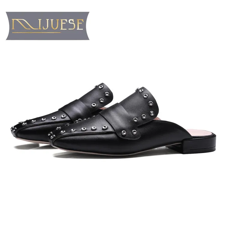 

MLJUESE 2018 women slippers cow leather Gladiator black color rivets slip on outside sandals summer sandals women size 32-43