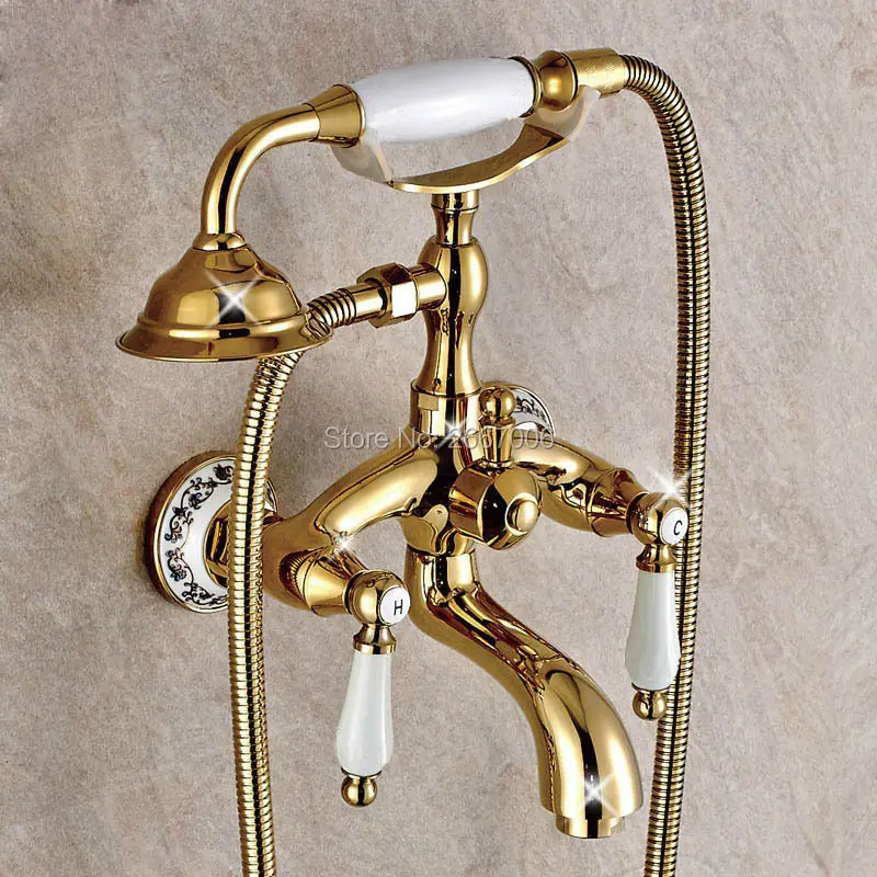 

Free shipping Elegant Telephone Type Gold Plated Shower Faucet With Dual Porcelain Hand Shower Bath Copper Shower Tap Set GI356