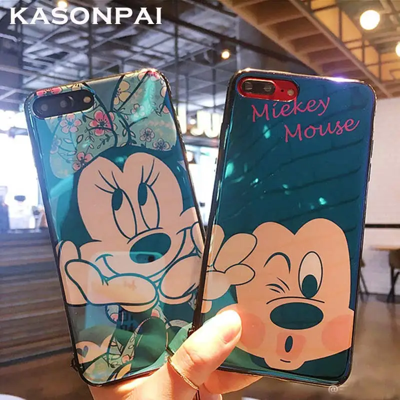 

KASONPAI Reflective Blue Light Cartoon Mickey Minnie Soft TPU Case for iPhone 6 6s 7 Plus Lovely Cute Back Cover Cases Coque