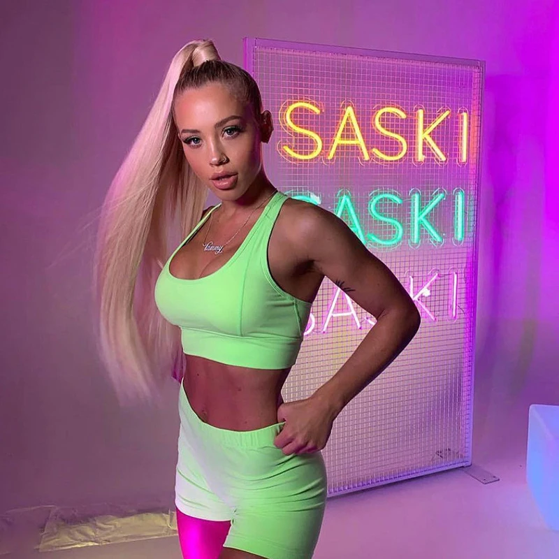 Auyiufar Neon Suit Female Solid Push Up two Piece Set Tank