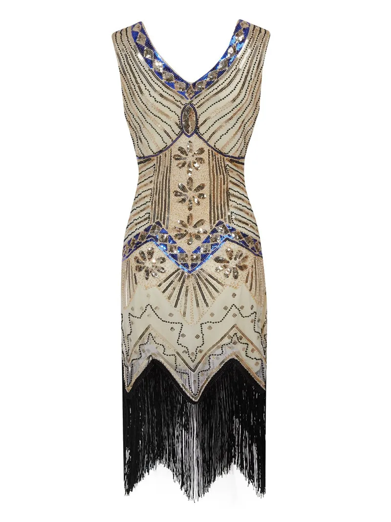 Женский костюм девушки-флаппера 1920 s винтажное платье с v-образным вырезом без рукавов длинное платье с бахромой в бусинах и пайетках платье vestidos