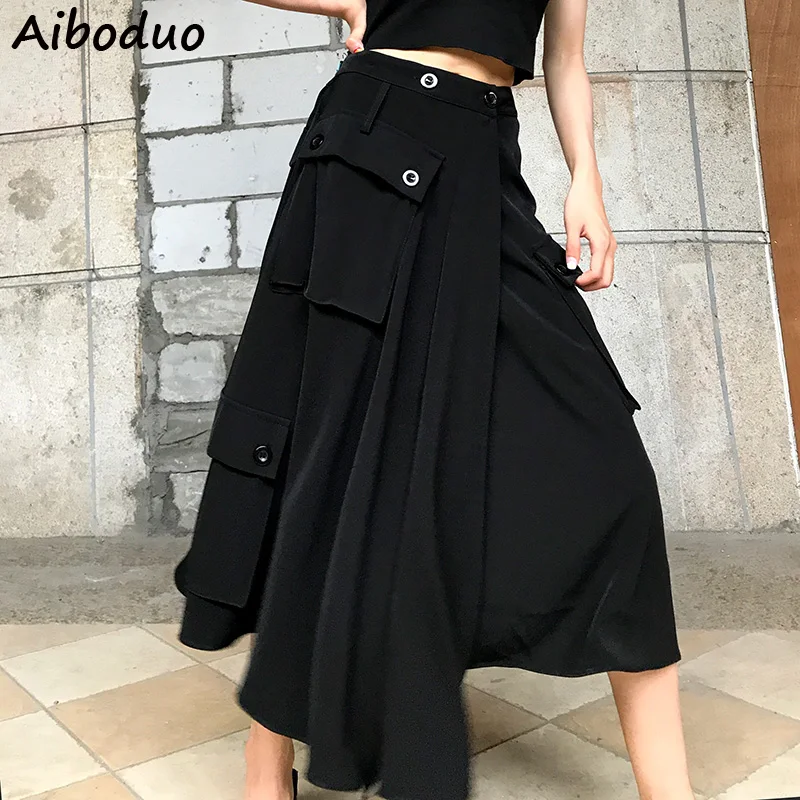 

Retro Vintage Black Long Skirt Asymmetric Tulle Female Ladies Gothic Punk Wear Clothing Summer Patchwork Pockets Maxi Skirts