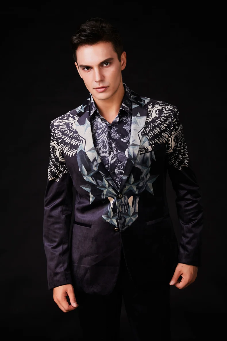 Роскошный бренд мужской приталенный Блейзер бархатный 3D принт череп звезды мужской дизайн блейзера модная свадебная сценическая одежда для певцов M-3XL