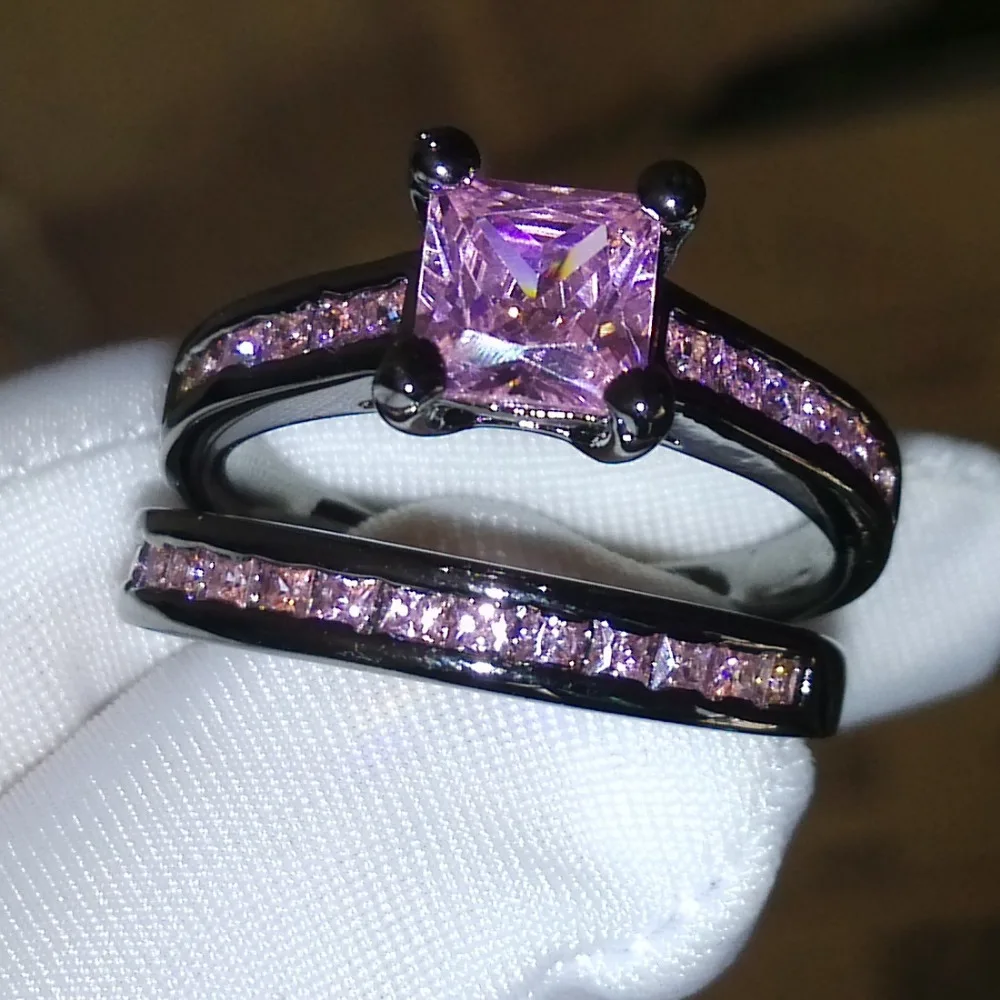 

Victoria Wieck Luxury Jewelry Princess Pink 5A CZ Simulated stones 10KT Black Gold Filled Wedding Band Ring Set Gift Size 5-10