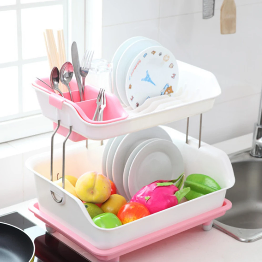 

Fashionable Double-deck Plastic Kitchen Cupboard Chopstick Tableware Storage Box Multi-layer Drain Racks Dishes Shelve Organizer