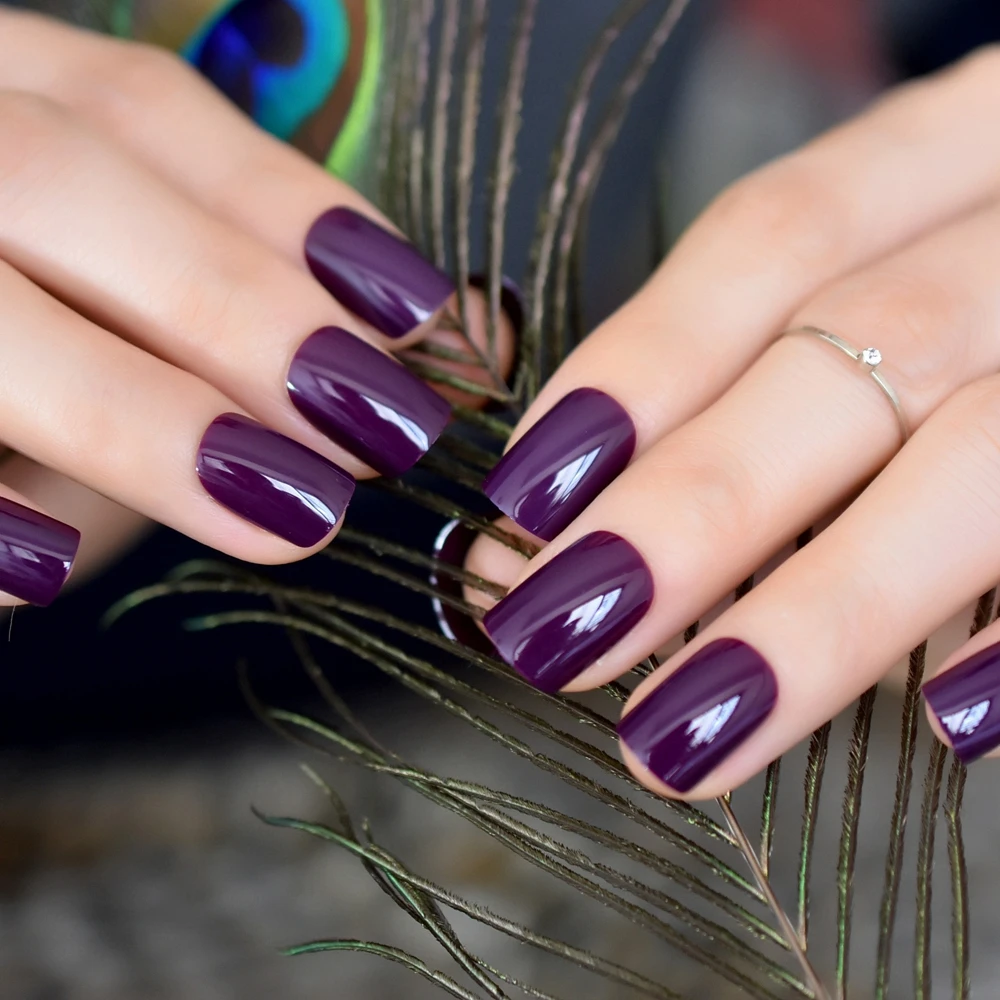 Темно-фиолетовые Акриловые Яркие маникюрные изделия, элегантные женские накладные ногти с коротким полным покрытием, горячие инструменты для ногтей из АБС-пластика 24 шт 100C