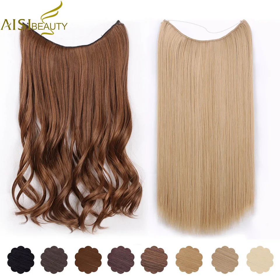 

AISI BEAUTY No Clip in Halo Hair Extensions Invisible Wire Secret Fish Line Hairpieces Silky Straight Real Natural Synthetic