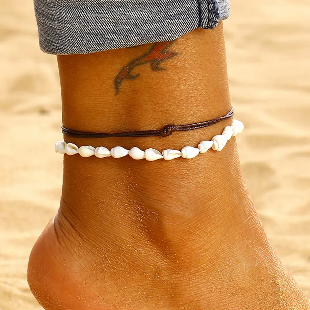 Ножные браслеты для женщин, ювелирные изделия для ног, Летний Пляжный босиком ножной браслет на ногу, женский кожаный браслет, набор, богемная цепочка на ногу