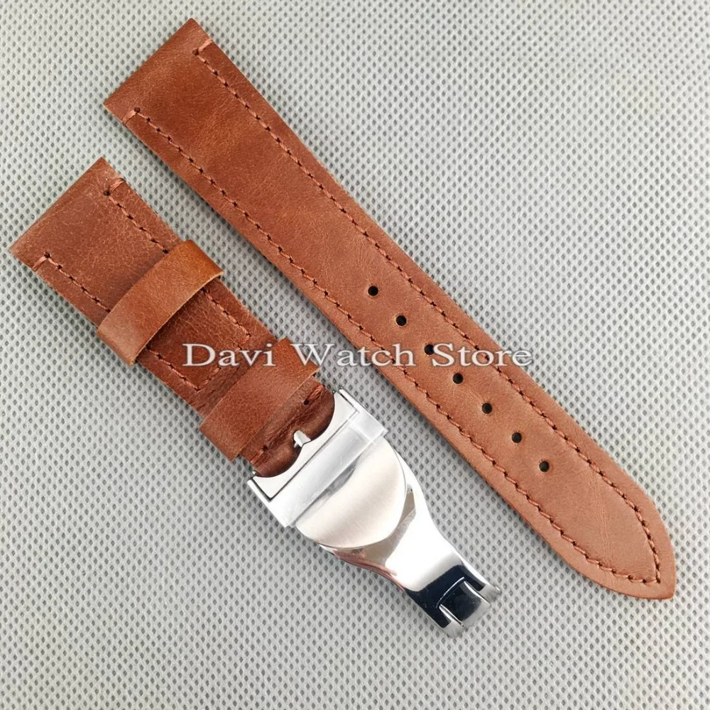 

22mm watch strap brown genuine leather deployment stainless buckle watch band
