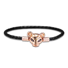 Мода летние сверкающие принцесса Лев розовое золото клип Серебро 925 черные кожаные браслеты, бижутерия для женщин юбилей