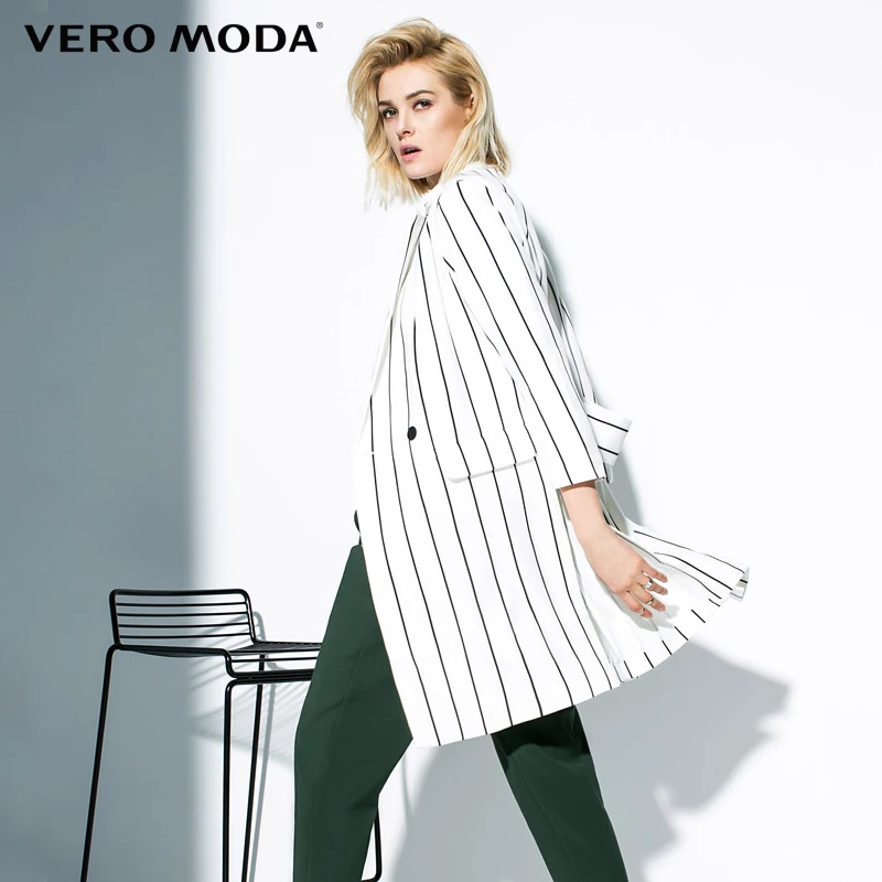 Vero Moda Brand 2018 NEW fashion double breasted striped three quarter sleeve long solid color women trench coat  |316108006