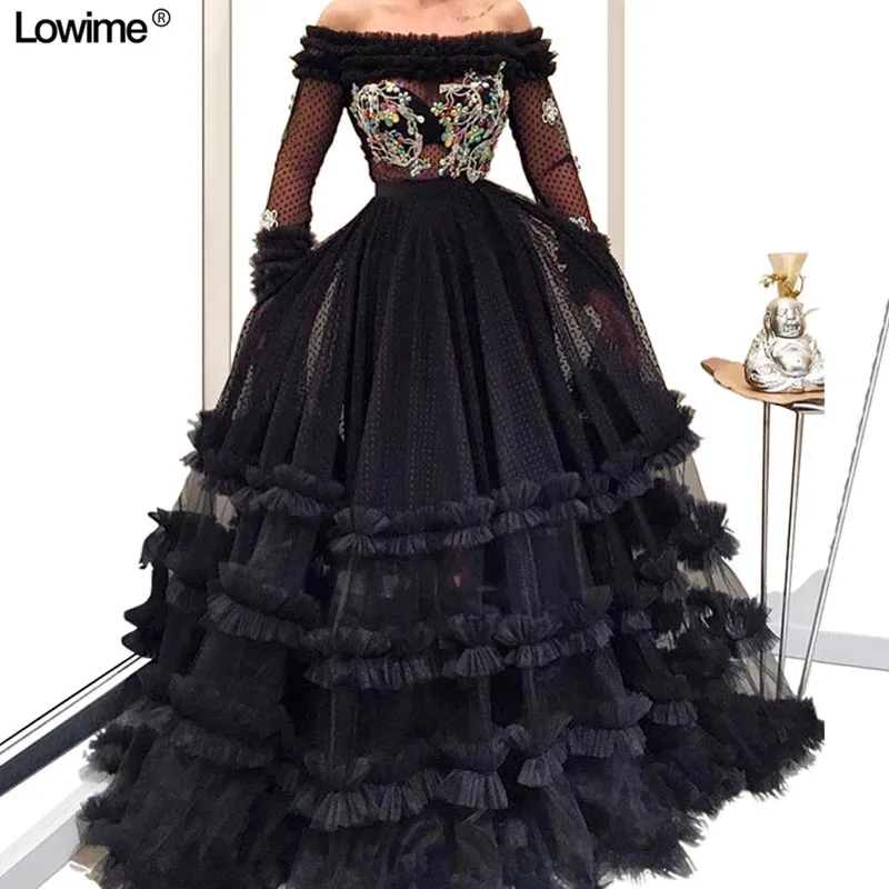 Illusion Tiered Lace Formal Evening Dresses Women Long Sleeves Boat Neck Black Tulle Robe De Soiree Prom Dress Long 2019